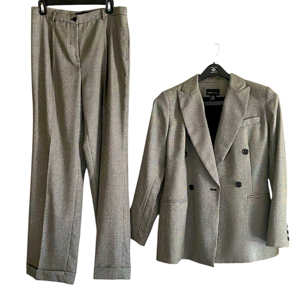 Vintage Moda International Black & White 100% Wool Houndstooth Pant Suit Size 10